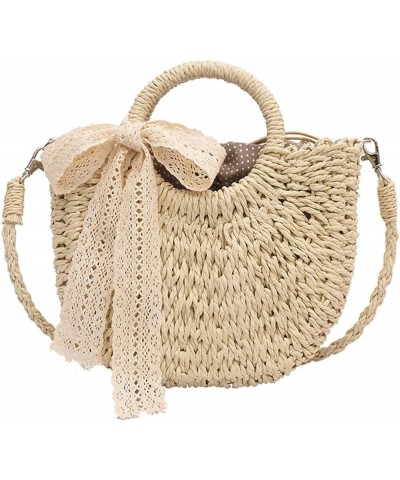 Handmade Ribbon Straw Bag For Women Summer Large Capacity Beach Bags Rattan Basket Vacation Woven Straw Shoulder Bag Beige Ad...