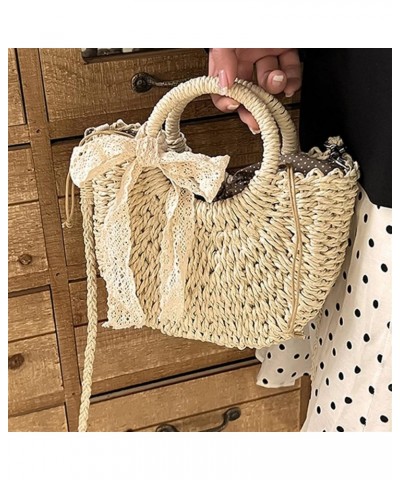 Handmade Ribbon Straw Bag For Women Summer Large Capacity Beach Bags Rattan Basket Vacation Woven Straw Shoulder Bag Beige Ad...