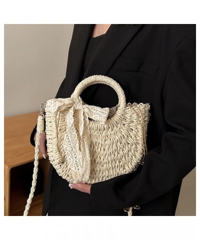 Handmade Ribbon Straw Bag For Women Summer Large Capacity Beach Bags Rattan Basket Vacation Woven Straw Shoulder Bag Beige Ad...