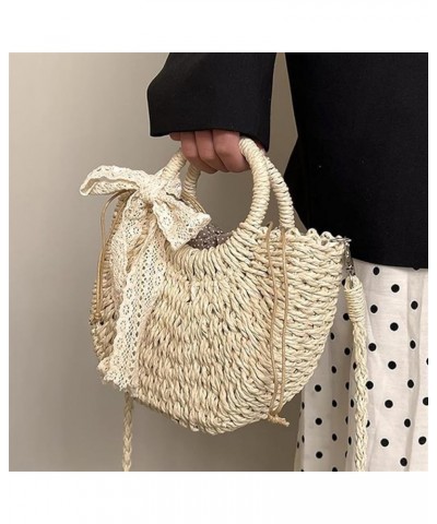 Handmade Ribbon Straw Bag For Women Summer Large Capacity Beach Bags Rattan Basket Vacation Woven Straw Shoulder Bag Beige Ad...