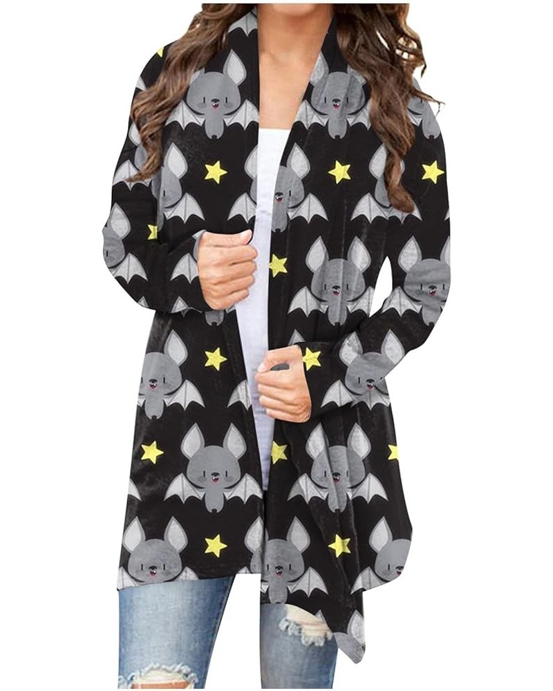 Long Sleeve Cardigan for Women Halloween Pumpkin Cat Print Open Front Cardigans with Pockets Lightweight Sweaters 3-light Gra...