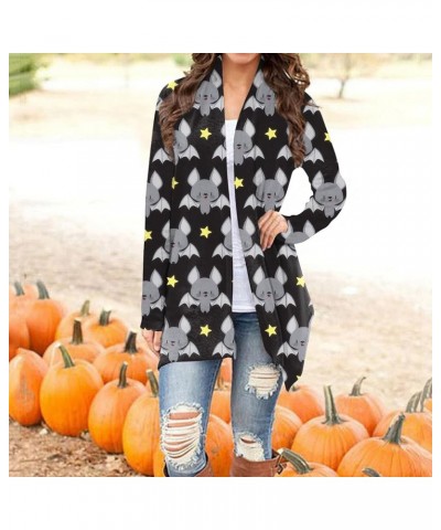 Long Sleeve Cardigan for Women Halloween Pumpkin Cat Print Open Front Cardigans with Pockets Lightweight Sweaters 3-light Gra...