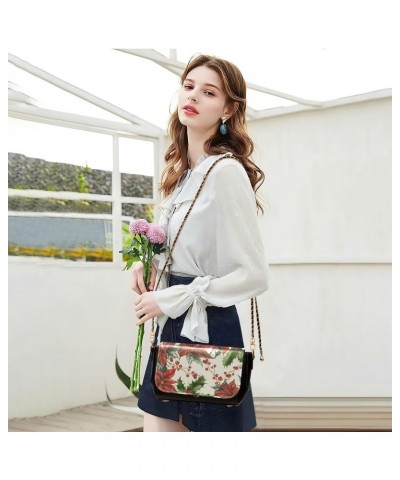 Christmas Crossbody Handbag Holly Berry Leaves Flower PU Leather Shoulder Bag Sturdy Travel Pouch Compact Chic Bag for Women ...