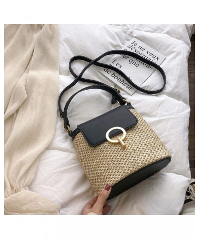 Straw Bag Casual Wild Portable Bucket Bag, Ladies Handbag, One-Shoulder Diagonal Bag Black $12.87 Shoulder Bags