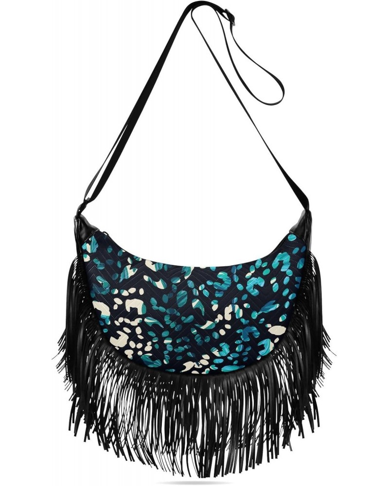 Blue Leopard Animal Print Fringe Bag for Women Cross Body Bag Tassel Shoulder Bag Satchel $15.65 Shoulder Bags