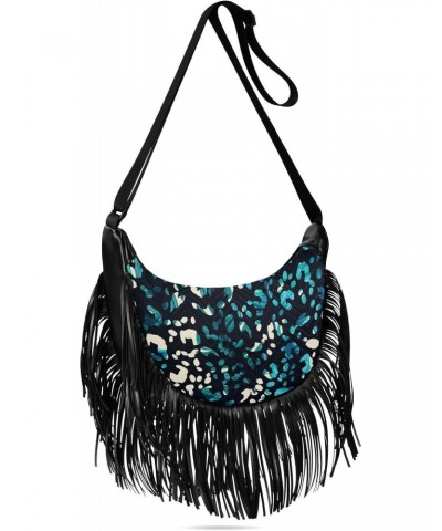 Blue Leopard Animal Print Fringe Bag for Women Cross Body Bag Tassel Shoulder Bag Satchel $15.65 Shoulder Bags