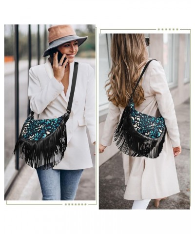 Blue Leopard Animal Print Fringe Bag for Women Cross Body Bag Tassel Shoulder Bag Satchel $15.65 Shoulder Bags