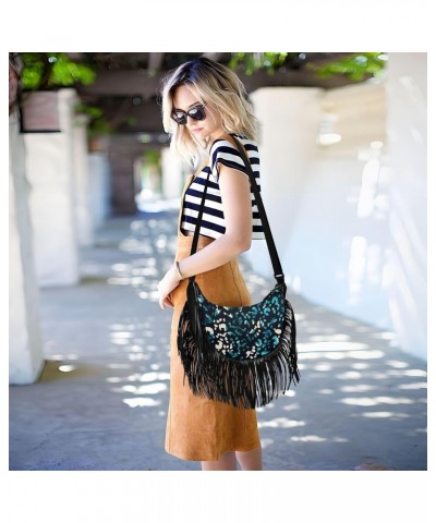 Blue Leopard Animal Print Fringe Bag for Women Cross Body Bag Tassel Shoulder Bag Satchel $15.65 Shoulder Bags