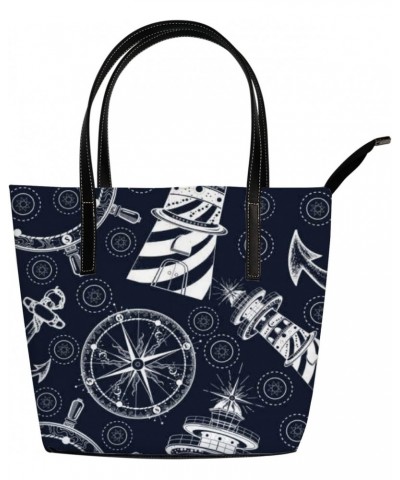 Black and White Vintage Black and White Anchor Steering Wheel Compass Tote Bag for Women Leather Handbags Women's Crossbody H...