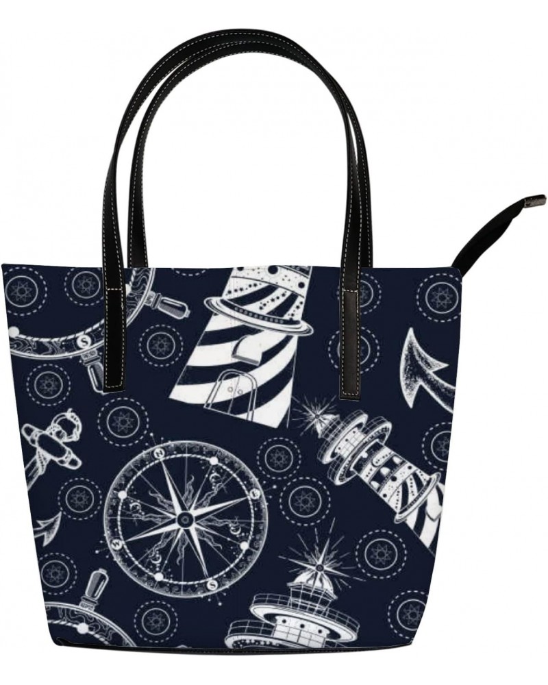 Black and White Vintage Black and White Anchor Steering Wheel Compass Tote Bag for Women Leather Handbags Women's Crossbody H...