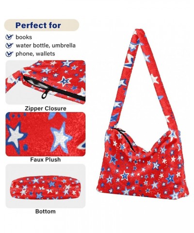 4th of July Women Boho Handbag Blue Star Red Background Underarm Bag Tote Bag Shoulder Bag Crossbody Bag Fluffy Cell Phone Pu...