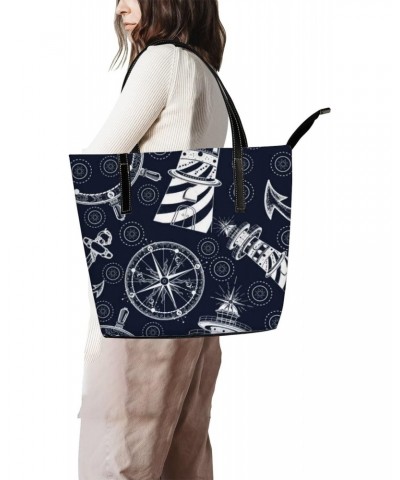 Black and White Vintage Black and White Anchor Steering Wheel Compass Tote Bag for Women Leather Handbags Women's Crossbody H...