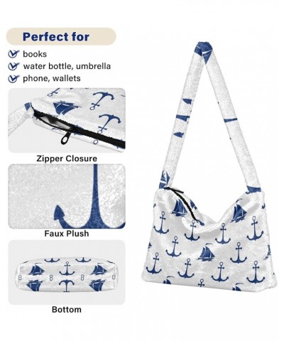 Blue Sailing Vessel Anchor White Fluffy Crossbody Bag Furry Tote Bags for Women Fuzzy Purse Handbag Lady Shoulder Bag Large P...