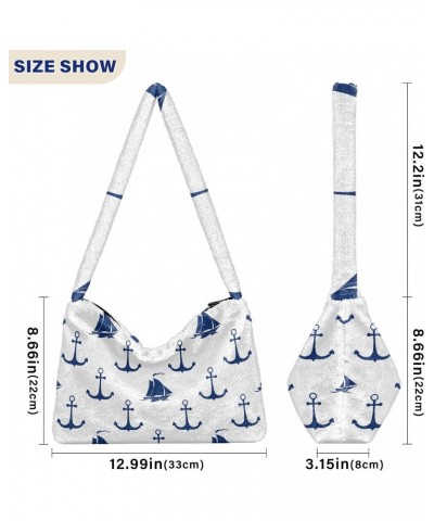 Blue Sailing Vessel Anchor White Fluffy Crossbody Bag Furry Tote Bags for Women Fuzzy Purse Handbag Lady Shoulder Bag Large P...