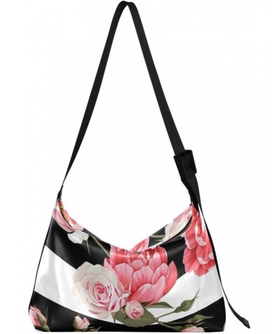 Peony and Roses with Black and White Stripes Womens Tote Bag Leather Shoulder Bag For Women Men Large Hobo Cross Body Bags Ha...