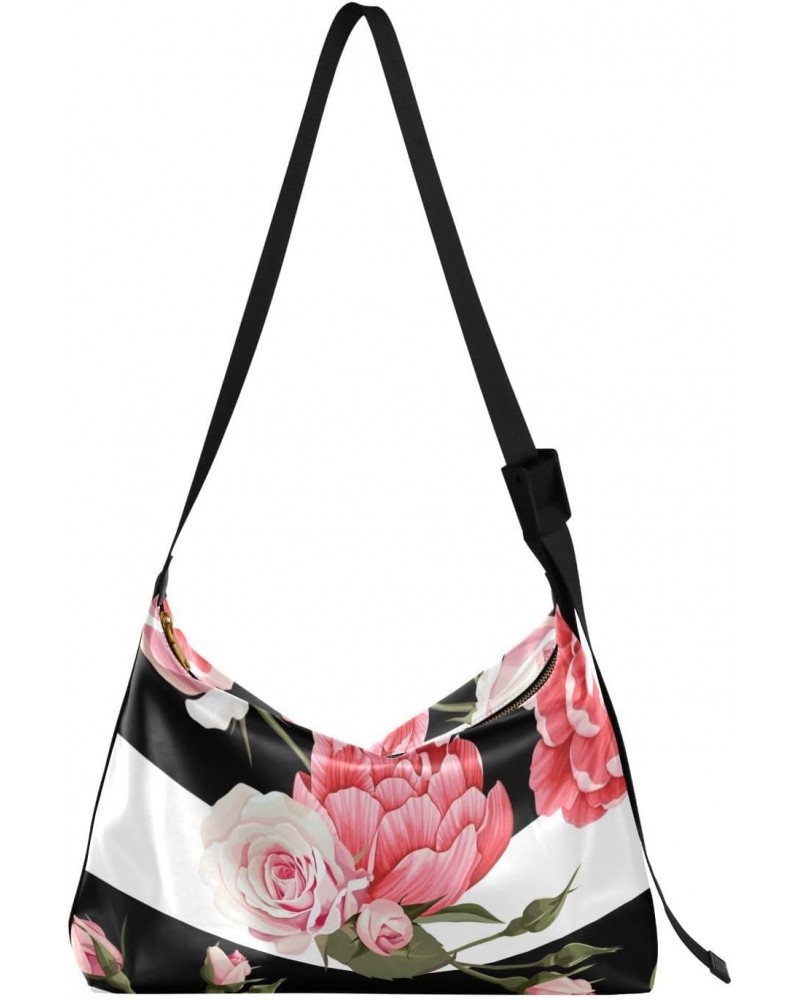 Peony and Roses with Black and White Stripes Womens Tote Bag Leather Shoulder Bag For Women Men Large Hobo Cross Body Bags Ha...