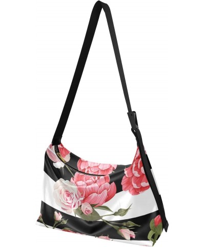 Peony and Roses with Black and White Stripes Womens Tote Bag Leather Shoulder Bag For Women Men Large Hobo Cross Body Bags Ha...