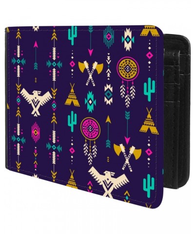 Unique Desige Pattern - Neon Aztec tribal pattern with eagle, cactus, wigwam, tomahawk, arrows, Slim Front Pocket Wallet Bill...