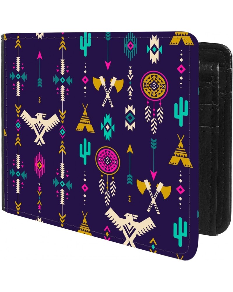 Unique Desige Pattern - Neon Aztec tribal pattern with eagle, cactus, wigwam, tomahawk, arrows, Slim Front Pocket Wallet Bill...