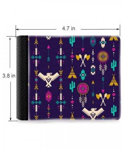 Unique Desige Pattern - Neon Aztec tribal pattern with eagle, cactus, wigwam, tomahawk, arrows, Slim Front Pocket Wallet Bill...