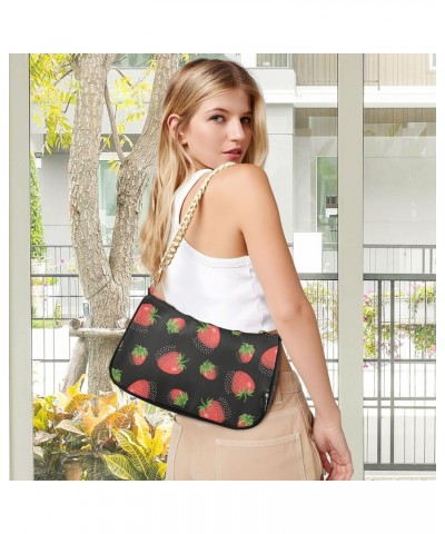 Strawberry in Black Shoulder Bags for Women Crossbody Bags Tote Handbag Stylish Clutch Purse with Chain Strap 7.1x11x2.8 inch...