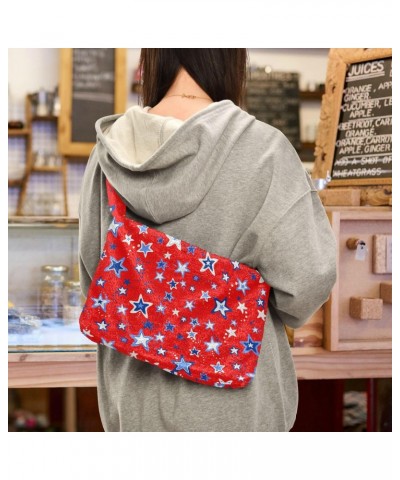 4th of July Women Boho Handbag Blue Star Red Background Underarm Bag Tote Bag Shoulder Bag Crossbody Bag Fluffy Cell Phone Pu...