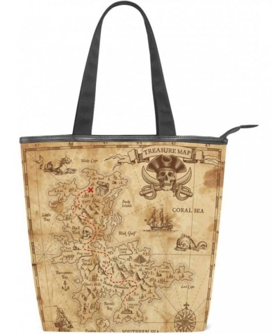 Tote Bag Retro Pirate Treasure Map Canvas Zippered Tote Handbag for Women with 2 Interior Pockets $12.41 Totes