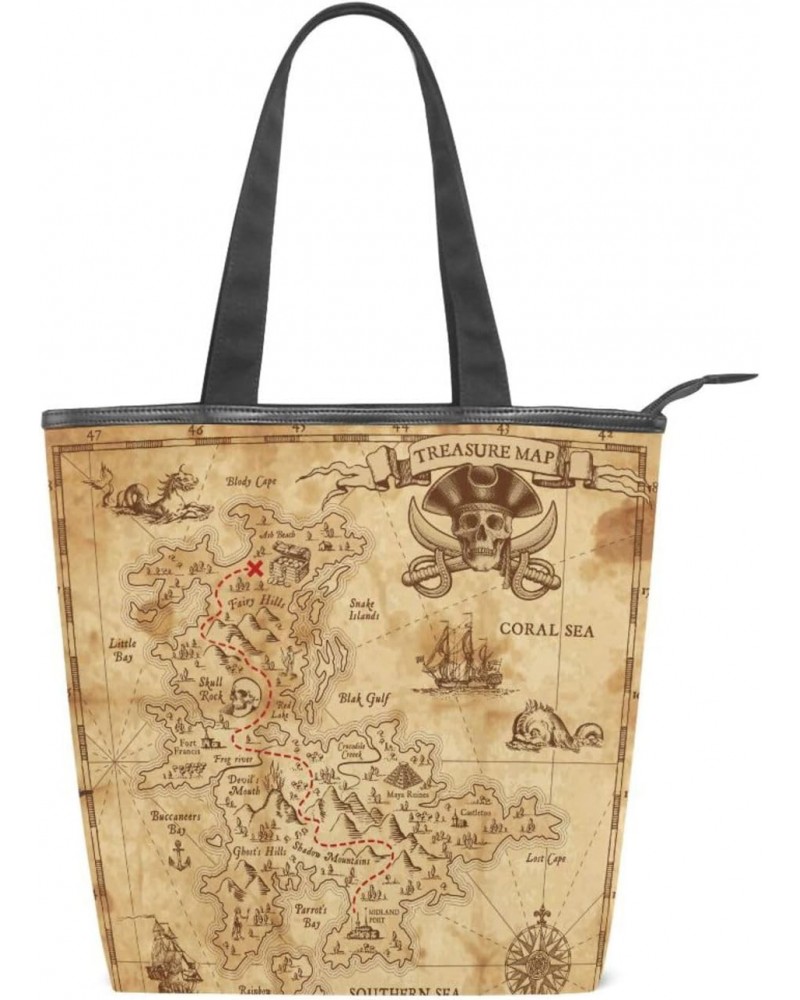 Tote Bag Retro Pirate Treasure Map Canvas Zippered Tote Handbag for Women with 2 Interior Pockets $12.41 Totes