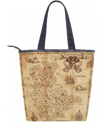 Tote Bag Retro Pirate Treasure Map Canvas Zippered Tote Handbag for Women with 2 Interior Pockets $12.41 Totes