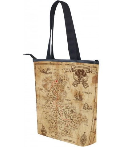 Tote Bag Retro Pirate Treasure Map Canvas Zippered Tote Handbag for Women with 2 Interior Pockets $12.41 Totes