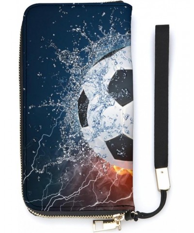 Soccer Ball in Fire And Water Zip Coin Pocket Leather Wallet Vertical Long Wallet for Men Woman With Credit Card Holder $17.8...