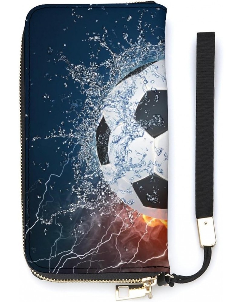 Soccer Ball in Fire And Water Zip Coin Pocket Leather Wallet Vertical Long Wallet for Men Woman With Credit Card Holder $17.8...