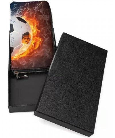 Soccer Ball in Fire And Water Zip Coin Pocket Leather Wallet Vertical Long Wallet for Men Woman With Credit Card Holder $17.8...