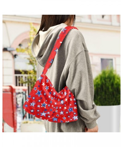 4th of July Women Boho Handbag Blue Star Red Background Underarm Bag Tote Bag Shoulder Bag Crossbody Bag Fluffy Cell Phone Pu...