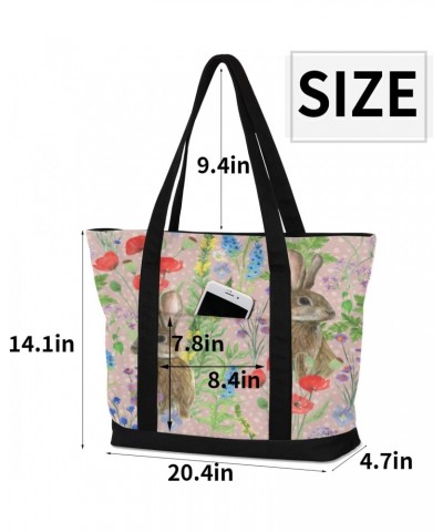 Rabbit Flower Canvas Totes Shoulder Bag for Women Girls, Bunny Floral Handbag with External Pockets Daily Essentials Large To...