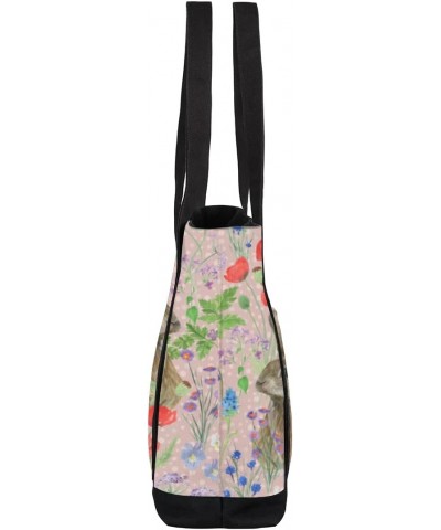 Rabbit Flower Canvas Totes Shoulder Bag for Women Girls, Bunny Floral Handbag with External Pockets Daily Essentials Large To...