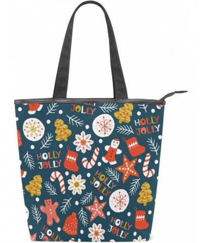 Tote Bag Xmas Cookies Holly Jolly Canvas Zippered Tote Handbag for Women with 2 Interior Pockets $9.43 Totes