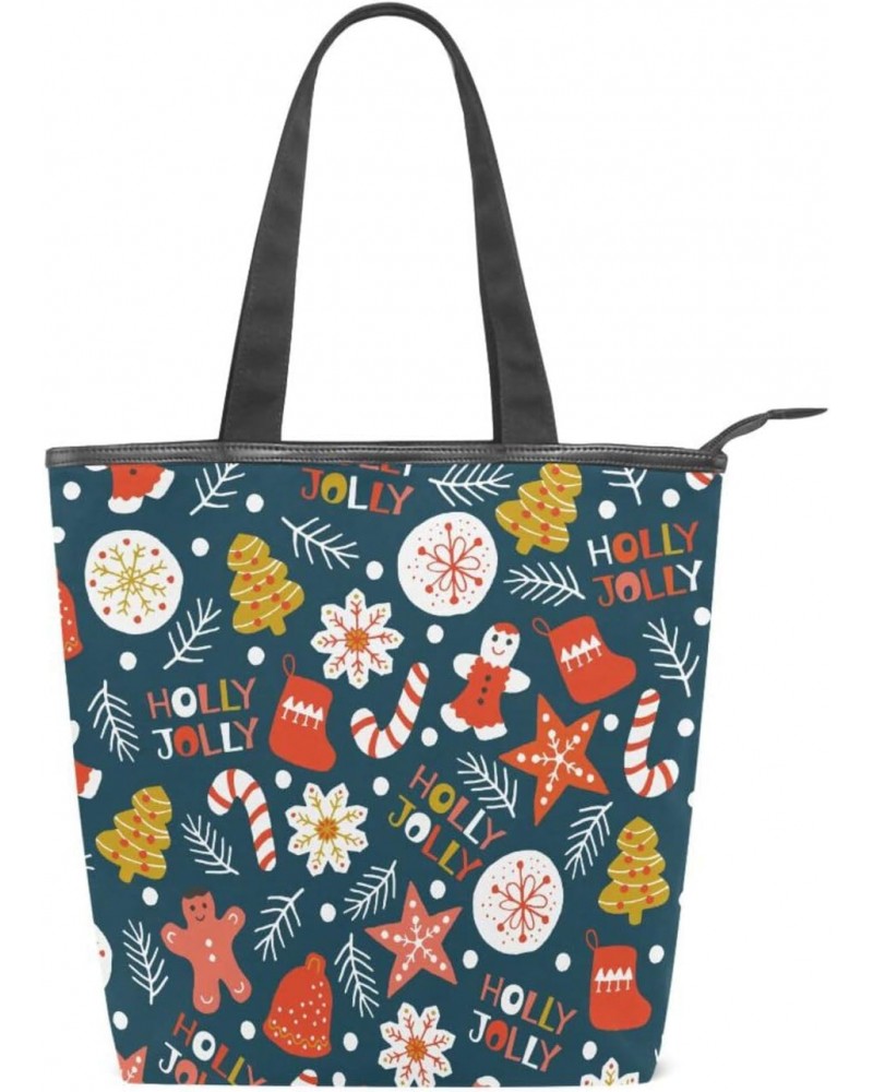 Tote Bag Xmas Cookies Holly Jolly Canvas Zippered Tote Handbag for Women with 2 Interior Pockets $9.43 Totes