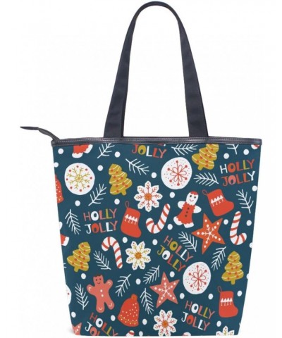 Tote Bag Xmas Cookies Holly Jolly Canvas Zippered Tote Handbag for Women with 2 Interior Pockets $9.43 Totes