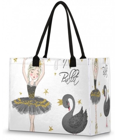 Ballerina Girl With Black Swan Extra Large Beach Bag Women Handbags Shoulder Bag Tote Bags Casual Shopping Bag with Inner Zip...