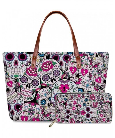 Women Satchel Handbags Shoulder Purses Totes Work Bags with Leather Wallet 2-Piece Set Sugar Skull 1 $20.58 Totes