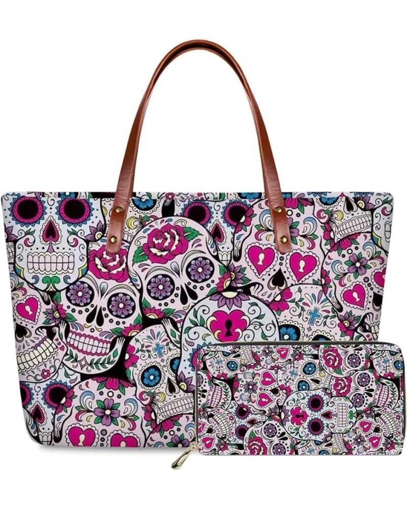 Women Satchel Handbags Shoulder Purses Totes Work Bags with Leather Wallet 2-Piece Set Sugar Skull 1 $20.58 Totes