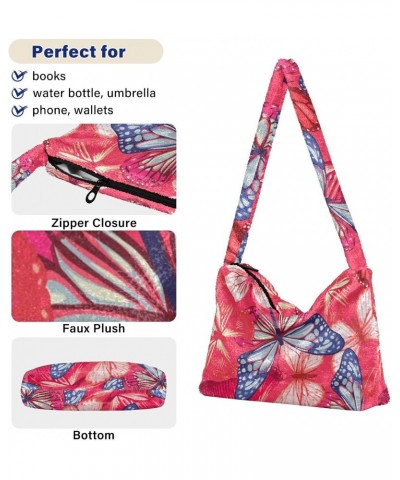 Red Blue Butterfly Tote Handbags for Women Ultra Soft Fluffy Shoulder Bag with Zipper Fashion Durable Tote Bag for Picnic Par...