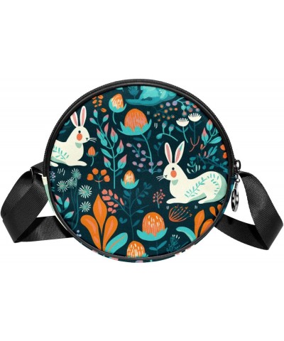 Round Crossbody Wallet, Circle Crossbody Purse Handbag, cartoon rabbit and flower leaf $10.66 Crossbody Bags