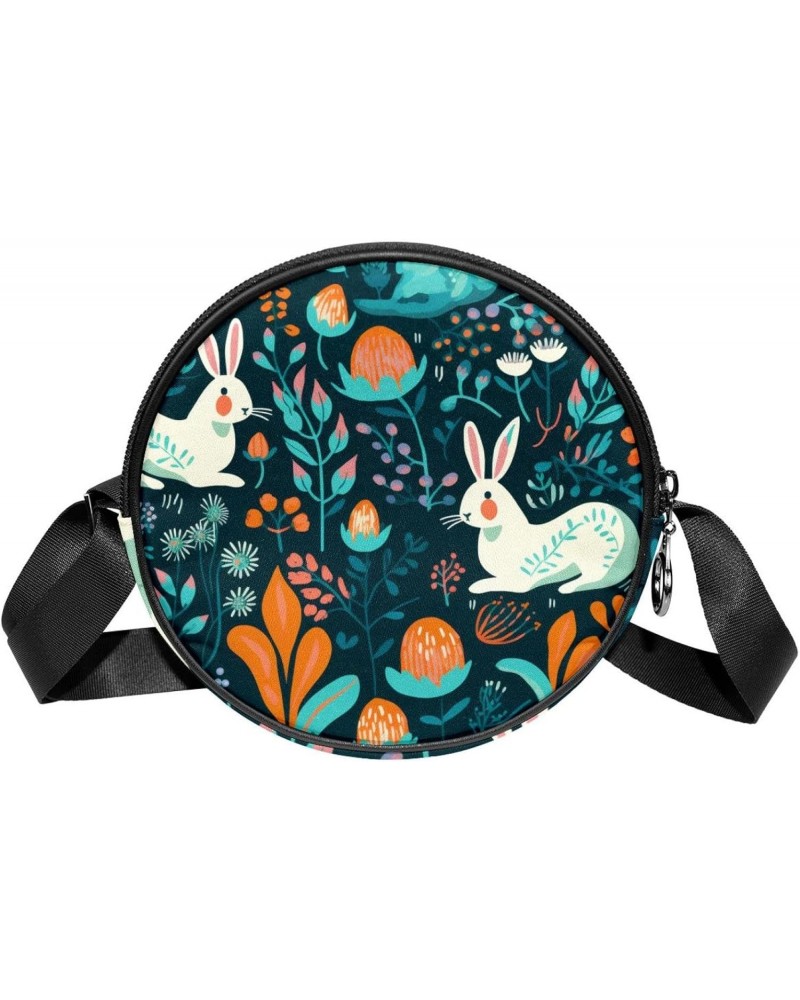 Round Crossbody Wallet, Circle Crossbody Purse Handbag, cartoon rabbit and flower leaf $10.66 Crossbody Bags