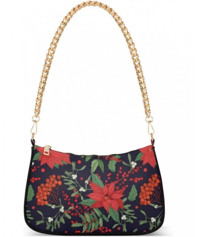 Women Chain Shoulder Purse Bag With Zipper Holly Leaves Print, Winter Plants Hobo Tote Clutch Handbags with Chain Strap $13.9...