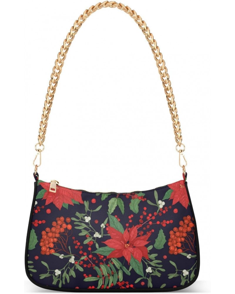 Women Chain Shoulder Purse Bag With Zipper Holly Leaves Print, Winter Plants Hobo Tote Clutch Handbags with Chain Strap $13.9...