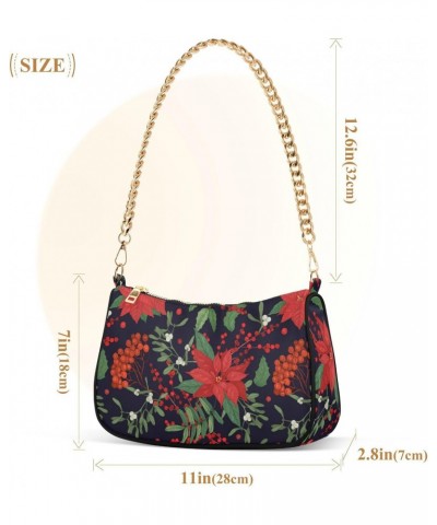 Women Chain Shoulder Purse Bag With Zipper Holly Leaves Print, Winter Plants Hobo Tote Clutch Handbags with Chain Strap $13.9...