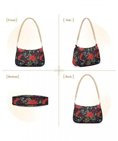 Women Chain Shoulder Purse Bag With Zipper Holly Leaves Print, Winter Plants Hobo Tote Clutch Handbags with Chain Strap $13.9...