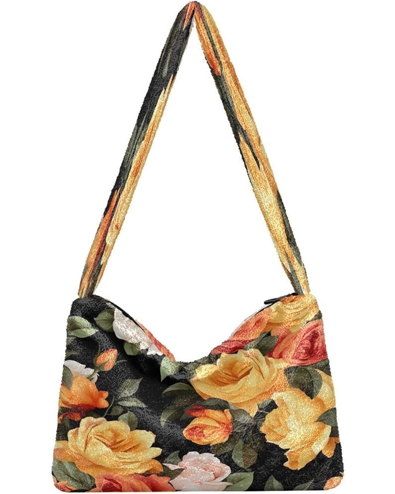 Tropical Leaves Women Shoulder Bag, Fall Shoulder Bags for Women, Womens Outdoor Bag Colorful Flower of Orange and Yellow Ros...